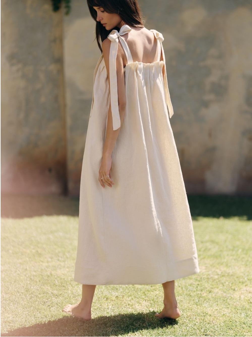 Endless Rose Anthropologie Pearl Tie Strap Linen Midi Dress in Natural Ivory - Picture 4 of 13